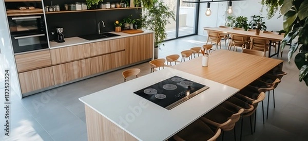 Fototapeta Modern kitchen with an island table, a wood and white color combination, a black electric stove top in the center of the countertop, 