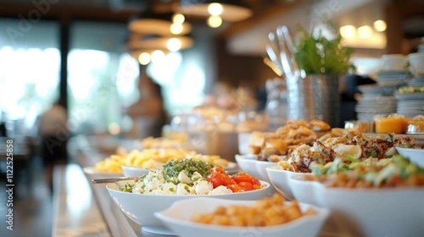 Fototapeta Abstract blur and defocused breakfast buffet at hotel restaurant interior for background with wide angle view Blurred bokeh light image background on coffee cafe shop or modern cafeter