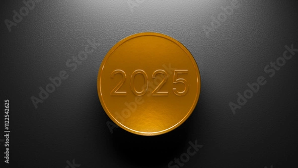 Fototapeta Gold coin with numbers 2025 on dark textured background, 3d illustration
