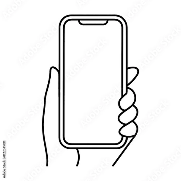 Obraz スマホを持っている左手のシンプルな手描き線画イラスト　透過背景の切り抜き