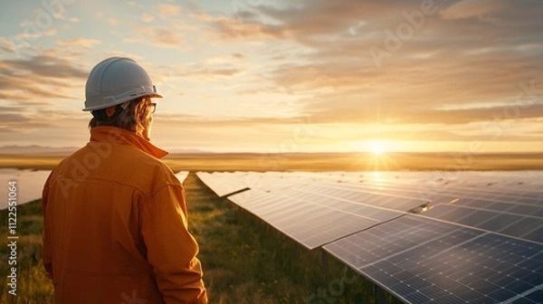 Fototapeta Solar engineers technicians concept. A person in a hard hat gazes at solar panels during a dramatic sunset.
