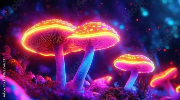 Fototapeta Abstract phychedelic mushroom in colorful neon lights.