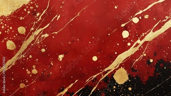 Fototapeta abstract red marble texture with gold splashes. red luxury background with gold dots, splashes, veines