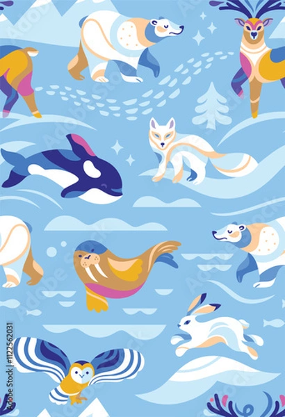 Fototapeta Snowy animals isolated on blue background. Pattern Design