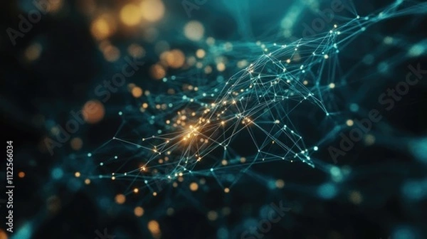 Fototapeta Abstract technology background of a quantum computing system with a cyber network grid and connected particles. Artificial neurons, global data connections -