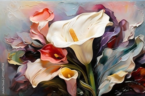 Fototapeta a painting of calla in abstract background , Illustration orchid flower or blooming lilies, Minimalist watercolor background of calla lilies