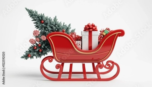 Fototapeta Red Christmas sleigh filled with gifts, candy canes, and a tree on white background. Concept of holiday celebration. 3D Rendering