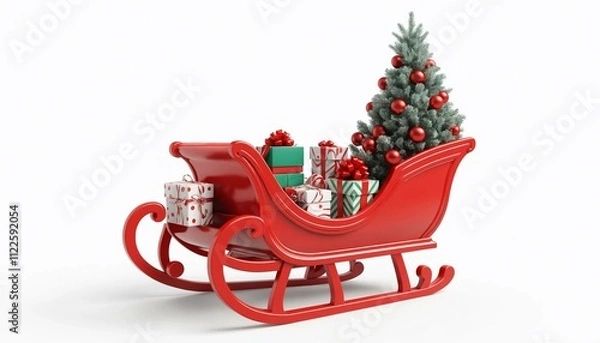 Fototapeta Red Christmas sleigh filled with gifts, candy canes, and a tree on white background. Concept of holiday celebration. 3D Rendering