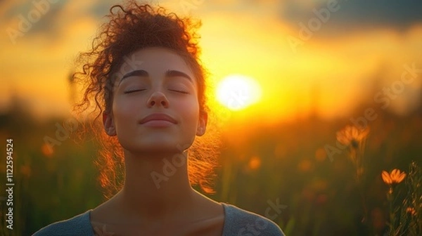 Fototapeta A woman taking a deep breath at the top of a hill, feeling a sense of peace and freedom 