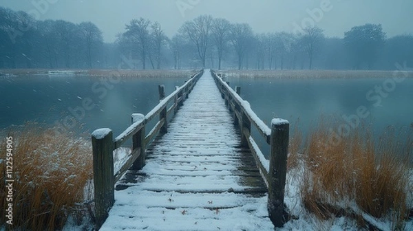 Fototapeta A snowy wooden bridge extends over a calm lake, surrounded by trees in a serene winter landscape.