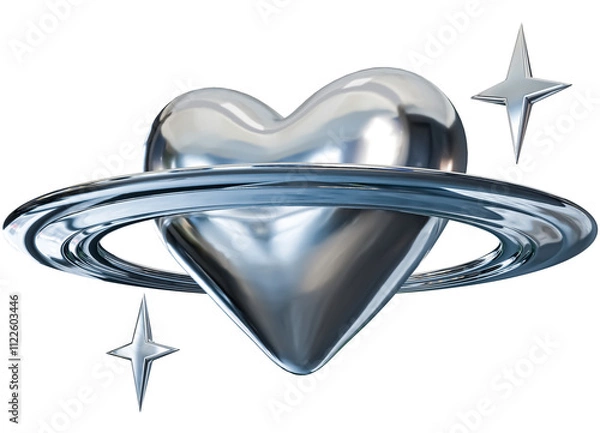 Obraz 3d render shiny silver heart shape with ring and stars isolated on transparent background.