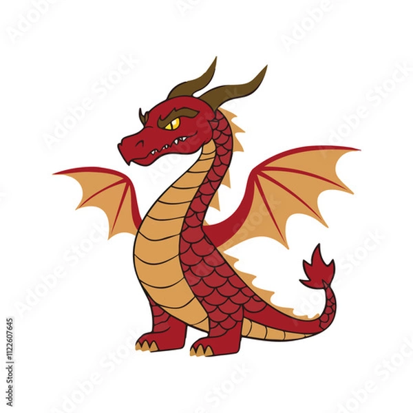 Fototapeta Dragon Flat Vector Illustration, Red and Gold Scales, Fierce Head, Large Wings, Stylized Design, Clean Lines, Minimalist Look, White Background