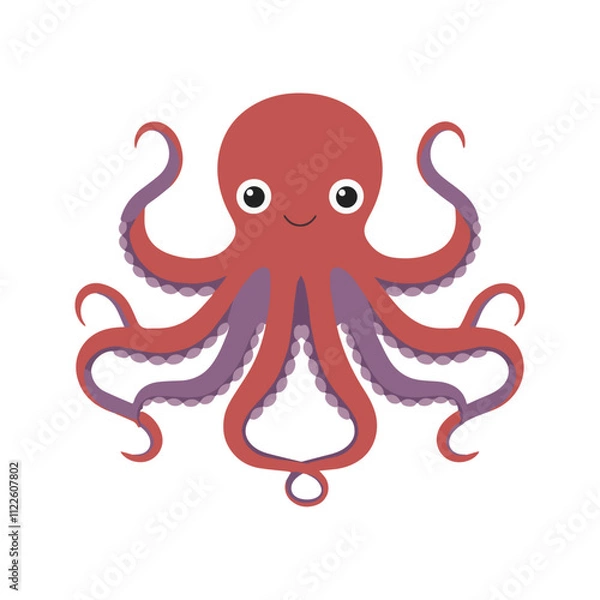 Fototapeta Flat vector illustration of a Giant Pacific octopus with eight smooth, stylized tentacles, red and purple tones, simple design, plain white background