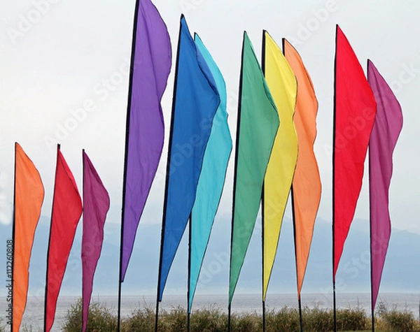 Fototapeta Multicolored Flags Flying at the Beach