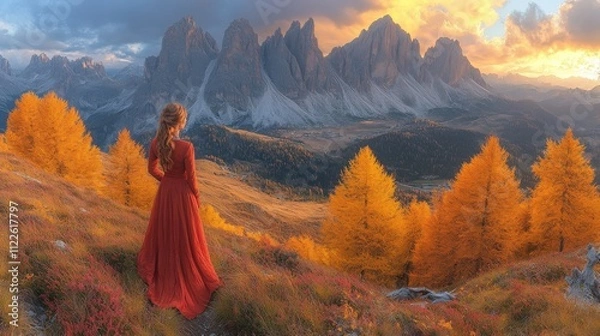 Fototapeta A woman in a red dress stands amidst vibrant autumn foliage, overlooking majestic mountains.