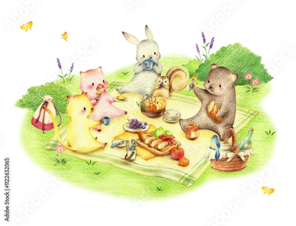 Fototapeta 緑の野原でピクニックでお弁当を食べる動物たち　手描き色鉛筆画