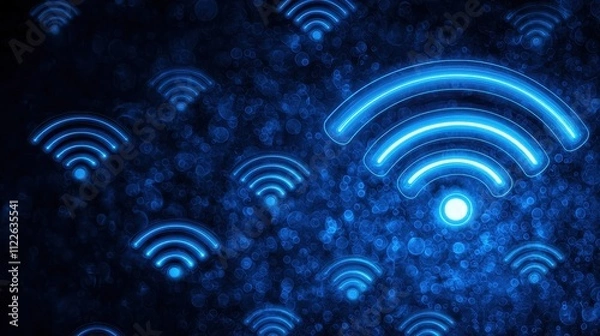 Fototapeta Blue abstract background with glowing wifi signals and bokeh effect