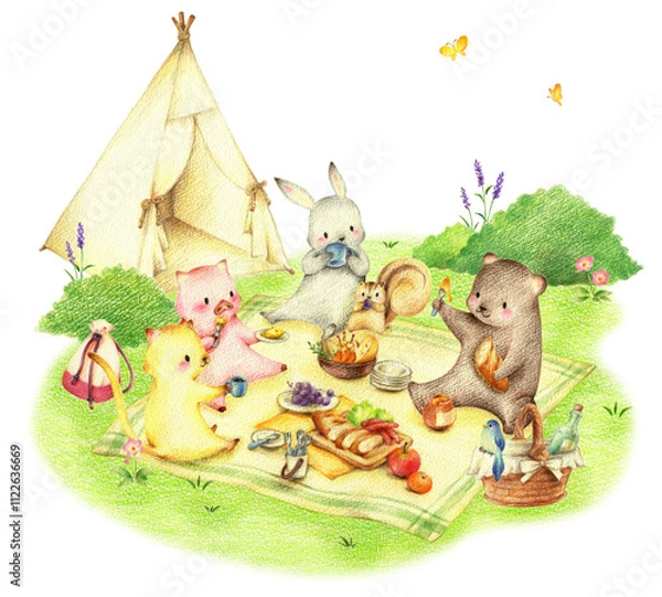 Fototapeta 緑の野原のテントの前でピクニックでお弁当を食べる動物たち　手描き色鉛筆画