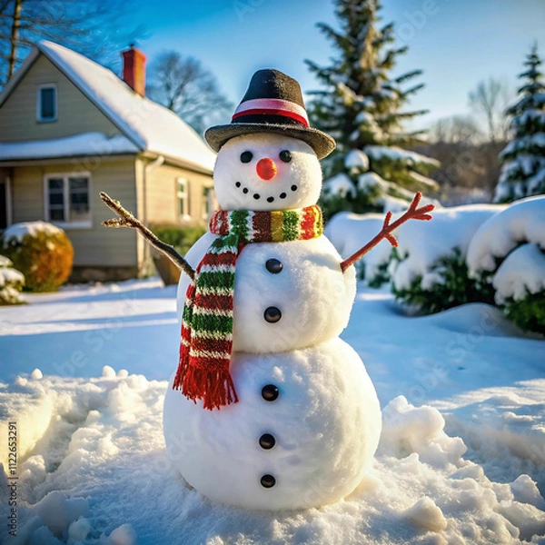 Fototapeta A cheerful snowman standing in a snowy yard, decorated with a carrot nose,