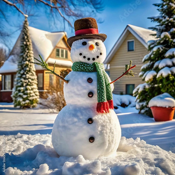 Fototapeta A cheerful snowman standing in a snowy yard, decorated with a carrot nose,