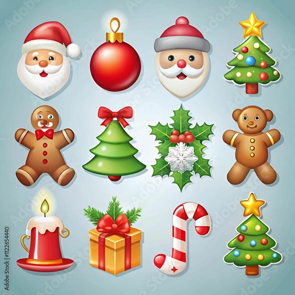Fototapeta A set of Christmas icons featuring festive symbols like Santa Claus, reindeer, snowflakes