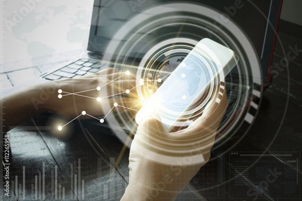 Obraz business with smartphone. connection technology interface 