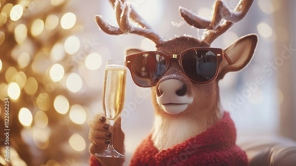 Fototapeta Festive Reindeer Enjoys Champagne Toast During Winter