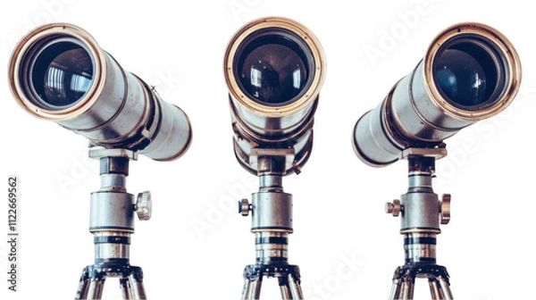 Fototapeta Triple Telescope Trio, silver telescopes, sturdy tripods, exploration focused, minimal background, aligned perspective. Isolated on white background or PNG