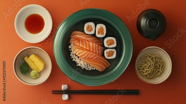 Fototapeta Salmon Sushi Sashimi Noodles Japanese Meal Presentation