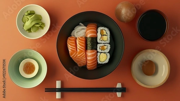 Fototapeta Salmon Sushi Set with Sides and Chopsticks