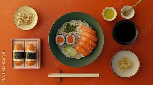 Fototapeta Salmon Sushi Rice Bowl With Sides And Chopsticks