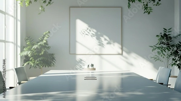 Fototapeta White Conference Table with Chairs, Plants, and Sunlight Streaming Through a Window