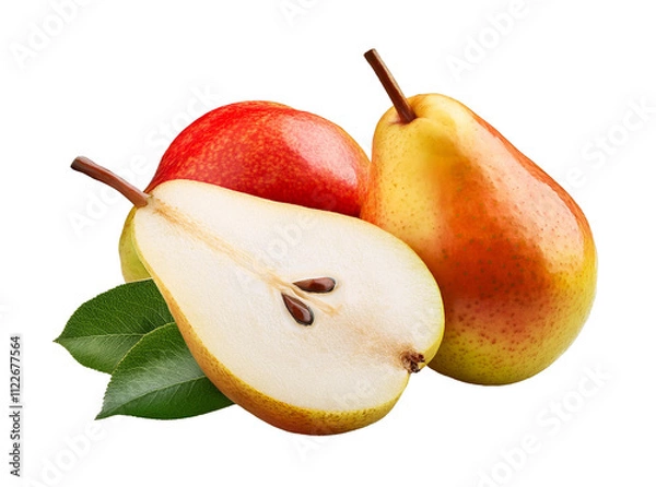 Obraz Fresh Pears with a Juicy Slice and Leaves