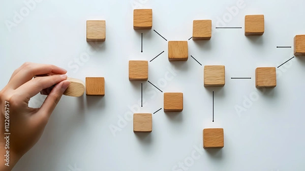Obraz A concept depicting business process management and automation, with a person moving wooden pieces on a flowchart diagram to improve productivity and efficiency.