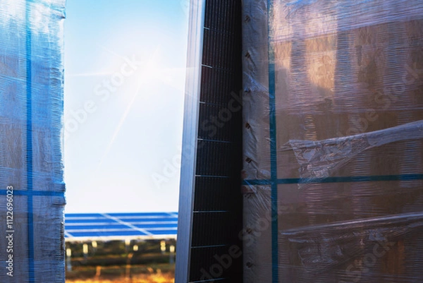 Fototapeta Solar panel boxes prepared for installation in power generation areas