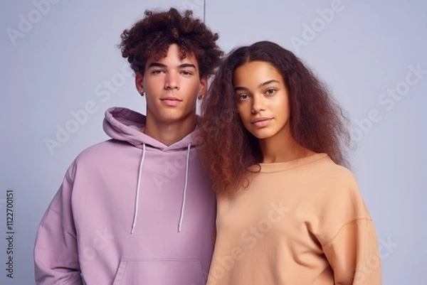 Obraz A man and a woman are standing next to each other, both wearing hoodies
