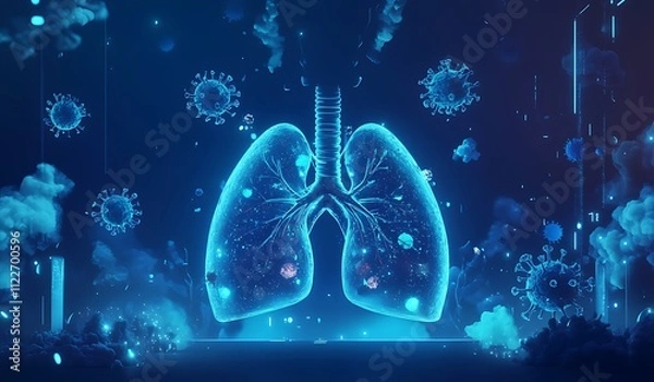 Fototapeta Futuristic Digital Illustration of Lungs with Cartoonish, Glowing Granules and Virus Shapes on Blue Background