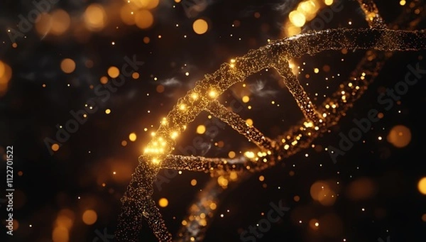 Fototapeta Abstract Futuristic DNA Double Helix Structure with Glowing Particles and Bokeh Background
