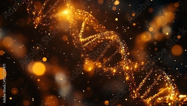 Fototapeta Abstract Futuristic DNA Double Helix Structure with Glowing Particles and Bokeh Background