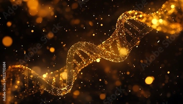 Fototapeta Abstract Futuristic DNA Double Helix Structure with Glowing Particles and Bokeh Background
