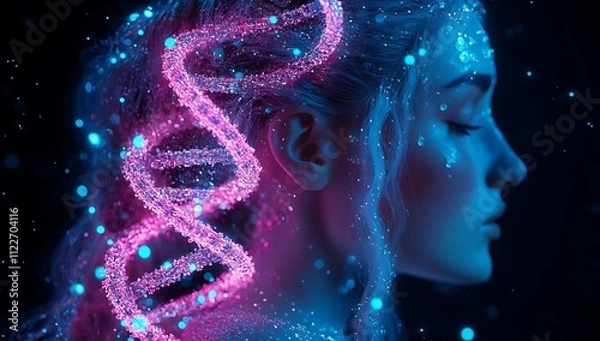 Fototapeta Abstract Futuristic DNA Double Helix Structure with Glowing Particles and Bokeh Background