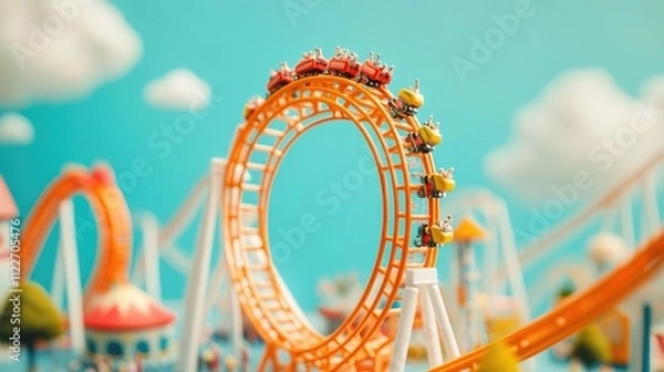 Fototapeta A miniature amusement park with tiny visitors, but a colossal, roller coaster loop is suspended in the sky