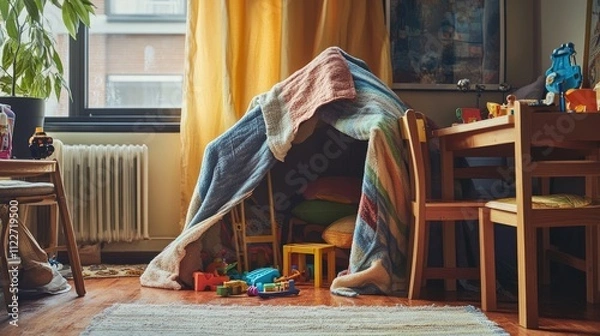 Fototapeta A Photo Of A ChildÃ¢â‚¬â„¢s Fort Made From Blankets And Chairs With Toys Inside