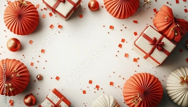 Obraz Red and white vector illustration of metal pins in circle shape, a sewing concept design chinese new year design.