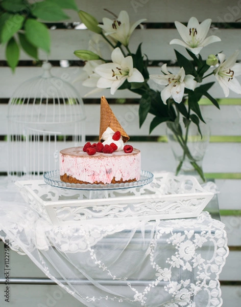 Fototapeta ice cream cake with raspberries. Summer concept