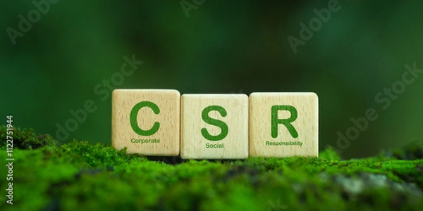 Fototapeta Corporate Social Responsibility (CSR) with green CSR icon on wooden block. Corporate Social Responsibility, Sustainability or Sustainable Development concept.