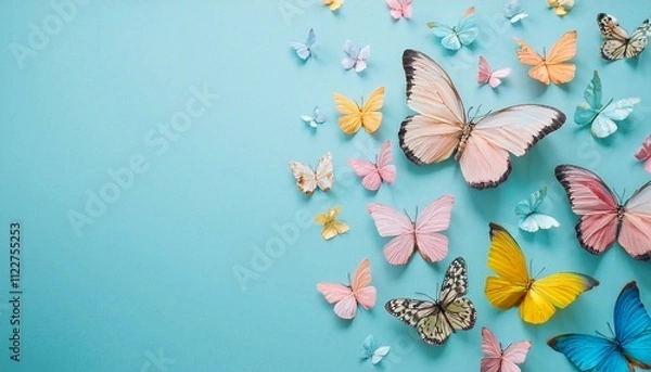 Fototapeta Flat lay, Spring concept of small butterflies on pastel background. Colorful beautiful butterflies