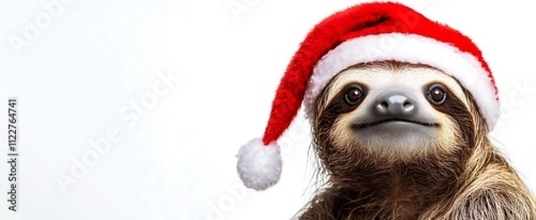 Obraz A happy sloth wearing christmas santa hat white background banner, funny animal dressed xmas theme	
