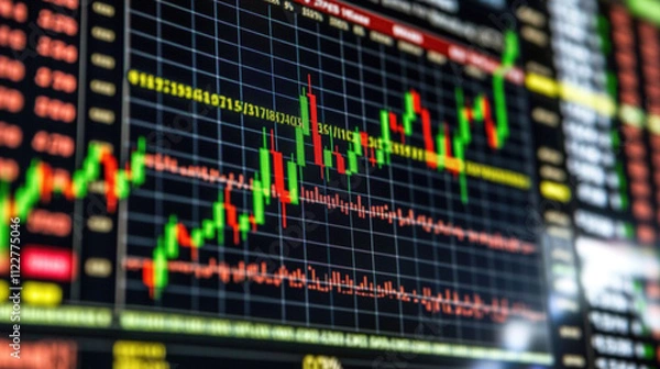Obraz Close up of a digital stock market screen showing a graph trending upwards symbolizing stock buybacks with a blurred background showing financial charts and candlestick patterns.