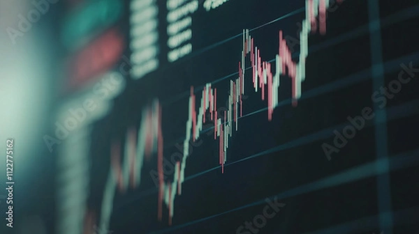 Obraz Close up of a digital stock market screen showing a graph trending upwards symbolizing stock buybacks with a blurred background showing financial charts and candlestick patterns.